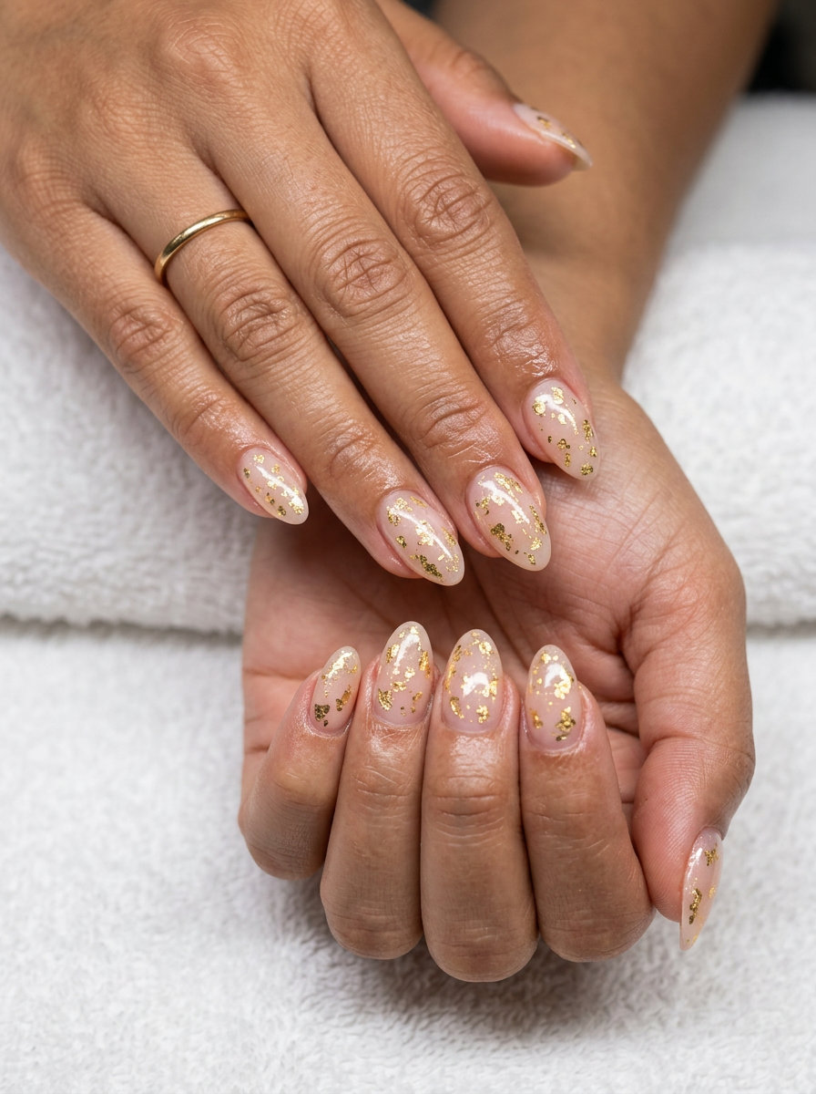 Chic sheer nude nails with gilded gold foil accents for daily wear. June nails ideas - summer ideas 2026.