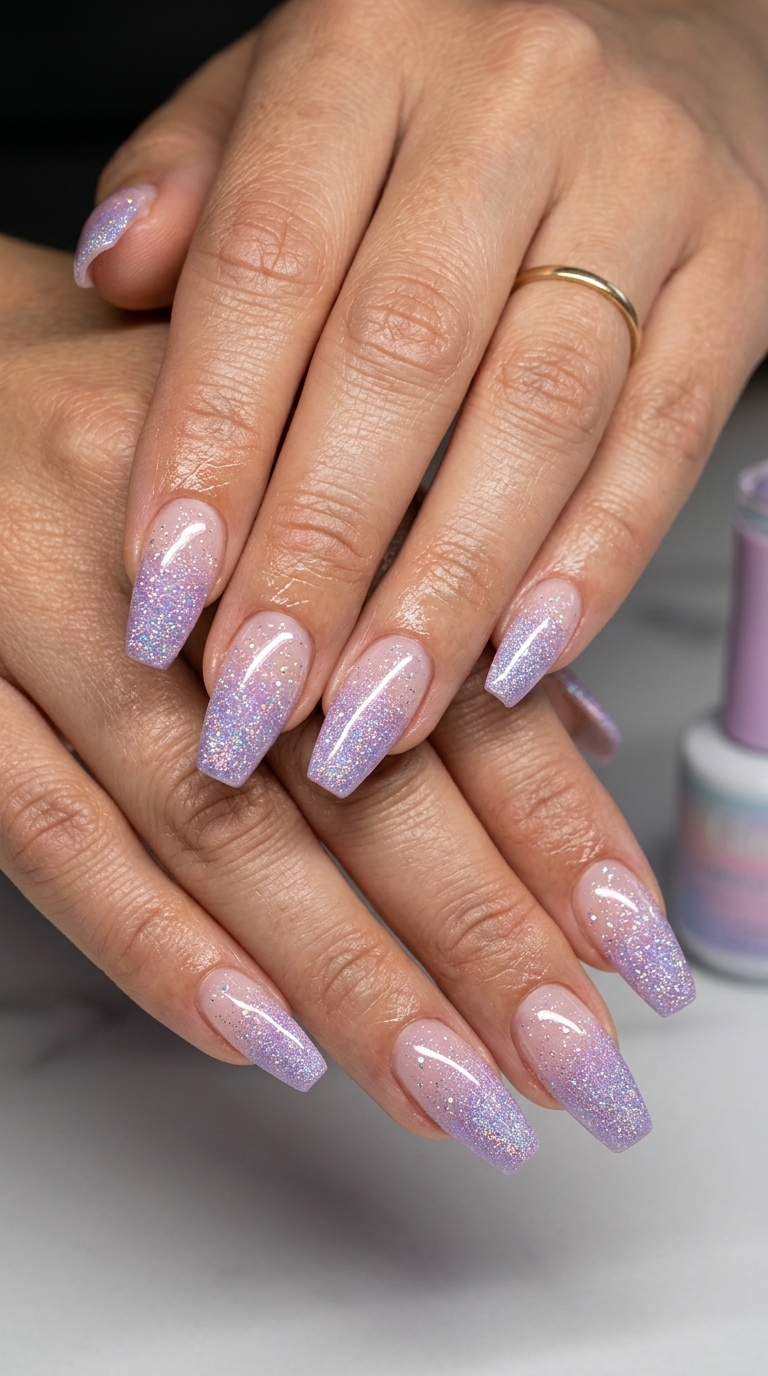 Glamorous lavender glitter ombre sparkle nails for festivals & parties. June nails ideas - summer ideas 2026.