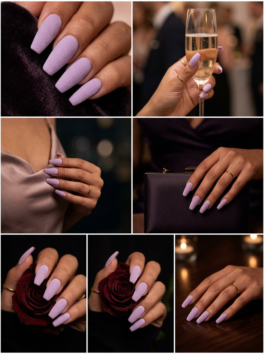 Pastel Lavender Velvet Coffin Nails: Sultry date night nails in pastel lavender with a velvet matte finish. June nails ideas - summer ideas 2026.