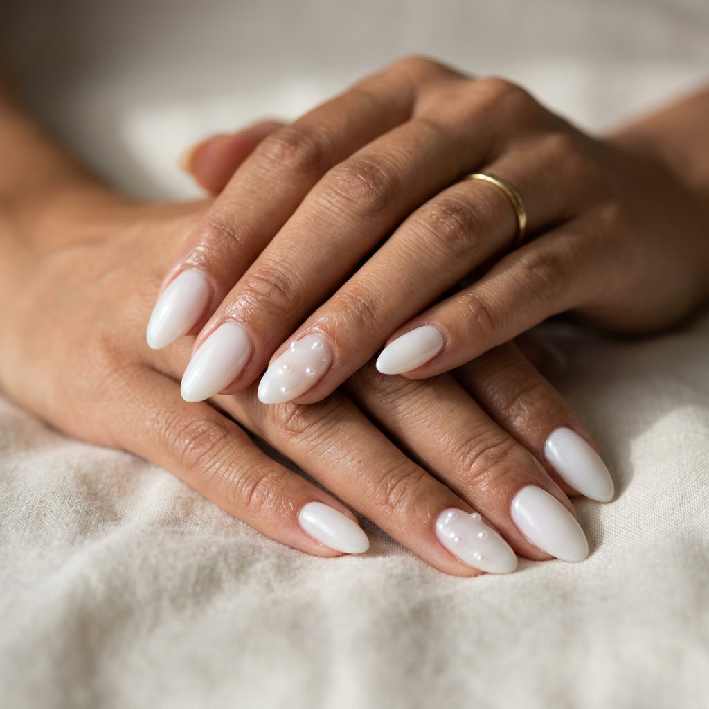 Milky White Pearl Garden Almonds: Elegant wedding nails with iridescent pearls and soft gold accents. June nails ideas - summer ideas 2026.