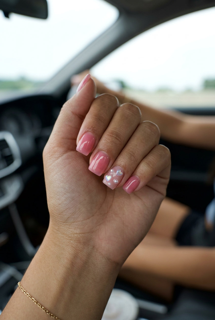 Playful sheer pink jelly nails with 3D iridescent charms for festivals & vacations. June nails ideas - summer ideas 2026.
