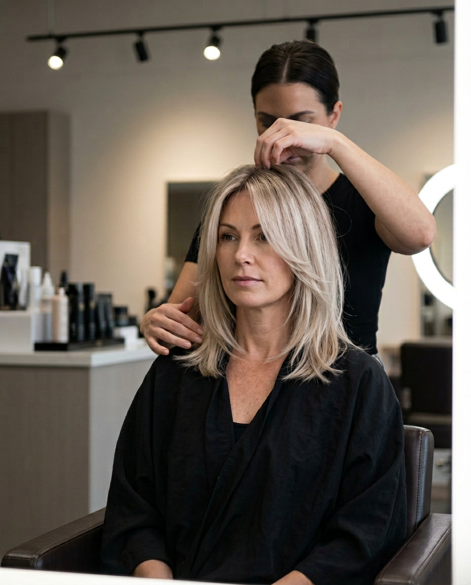 collarbone-length layered haircut in cool linen blonde with ash brown root smudge, jawline layers, point-cut ends, wispy face-framing pieces — soft modern