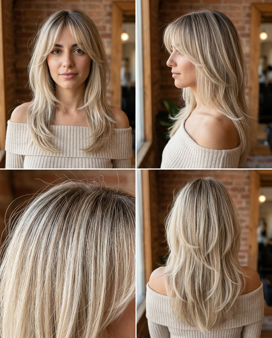 long butterfly haircut in Linen Blonde with pearl babylights, ash brown root shadow and curtain bangs for summer
