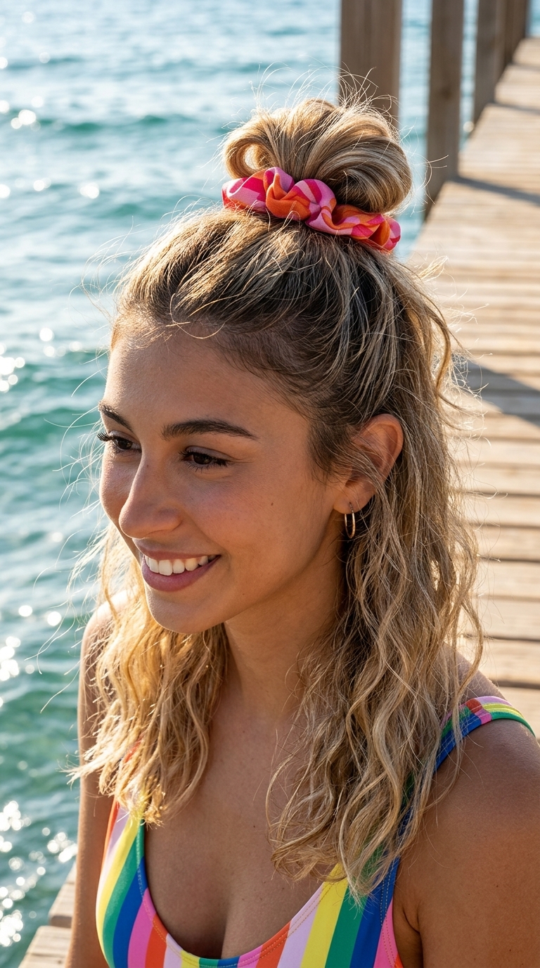 Y2K Scrunchie Bun 2026: Half-Up Style long linen blonde half-up messy bun hairstyle with scrunchie and sandy beige tones