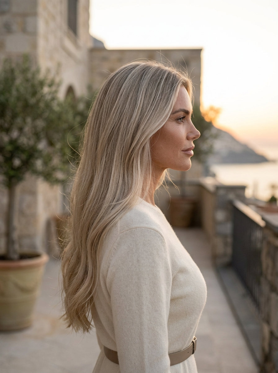 long one-length haircut in cool linen blonde with ash root shadow and pearl highlights, subtle jawline layers, no bangs — minimalist chic