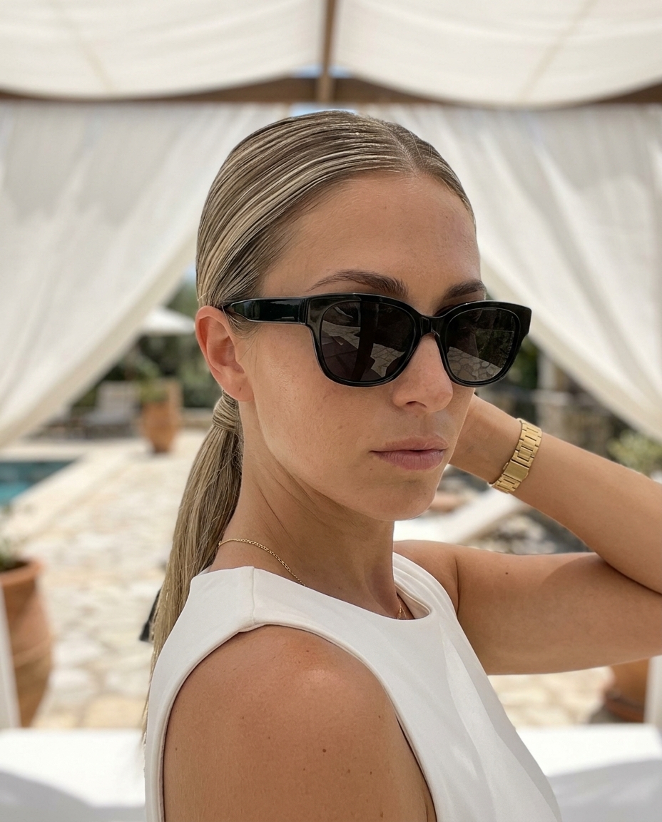 Sleek Linen Blonde Low Ponytail 2026 long linen blonde sleek low ponytail with deep espresso roots, slicked back, no fringe β professional evening event