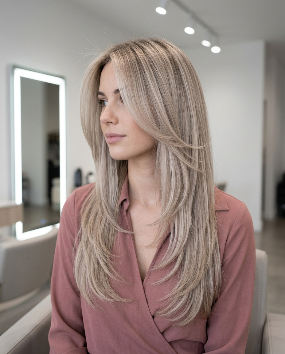 long sweeping layers with neutral linen blonde and beige-violet gloss, U-shape back, face-framing pieces — minimalist chic