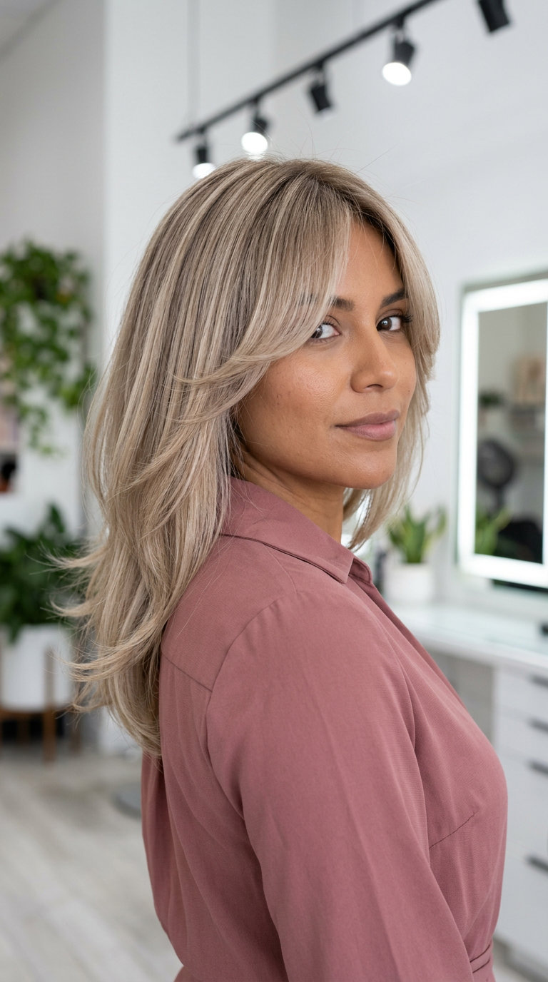 Linen Blonde Butterfly Midi Haircut 2026 medium butterfly haircut with linen blonde & taupe root, sweeping curtain bangs β soft effortless chic