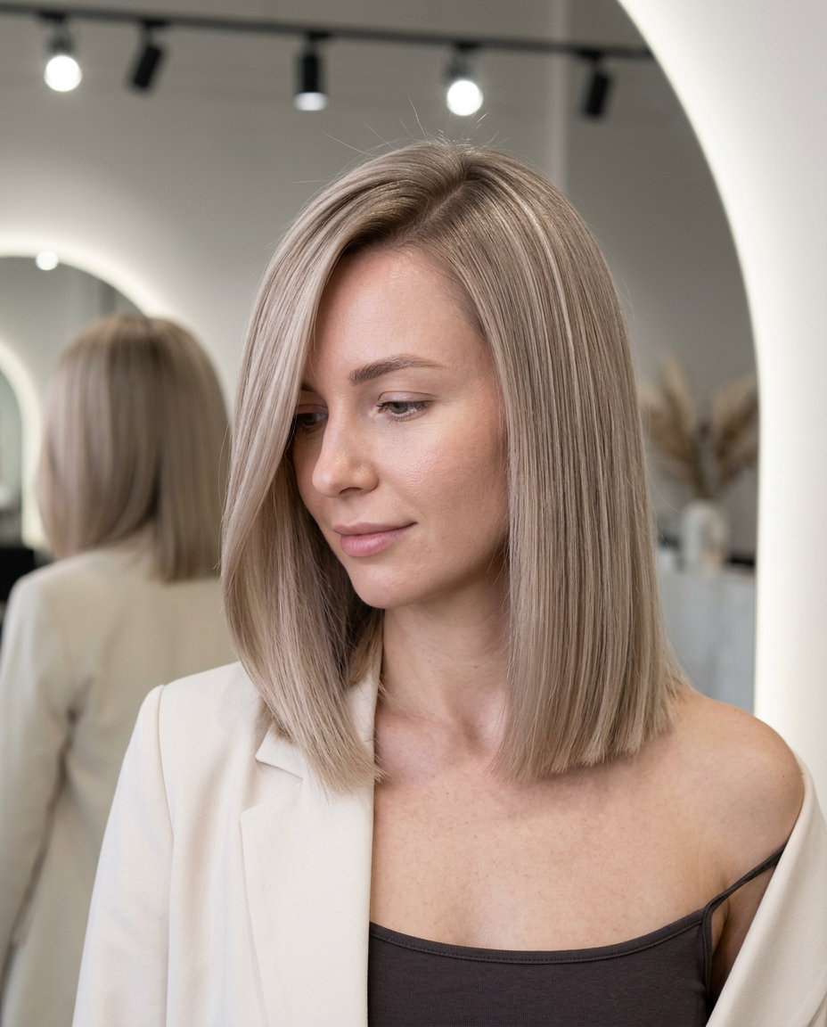 mid-length blunt haircut with linen blonde color, deep side part, no bangs — chic summer style