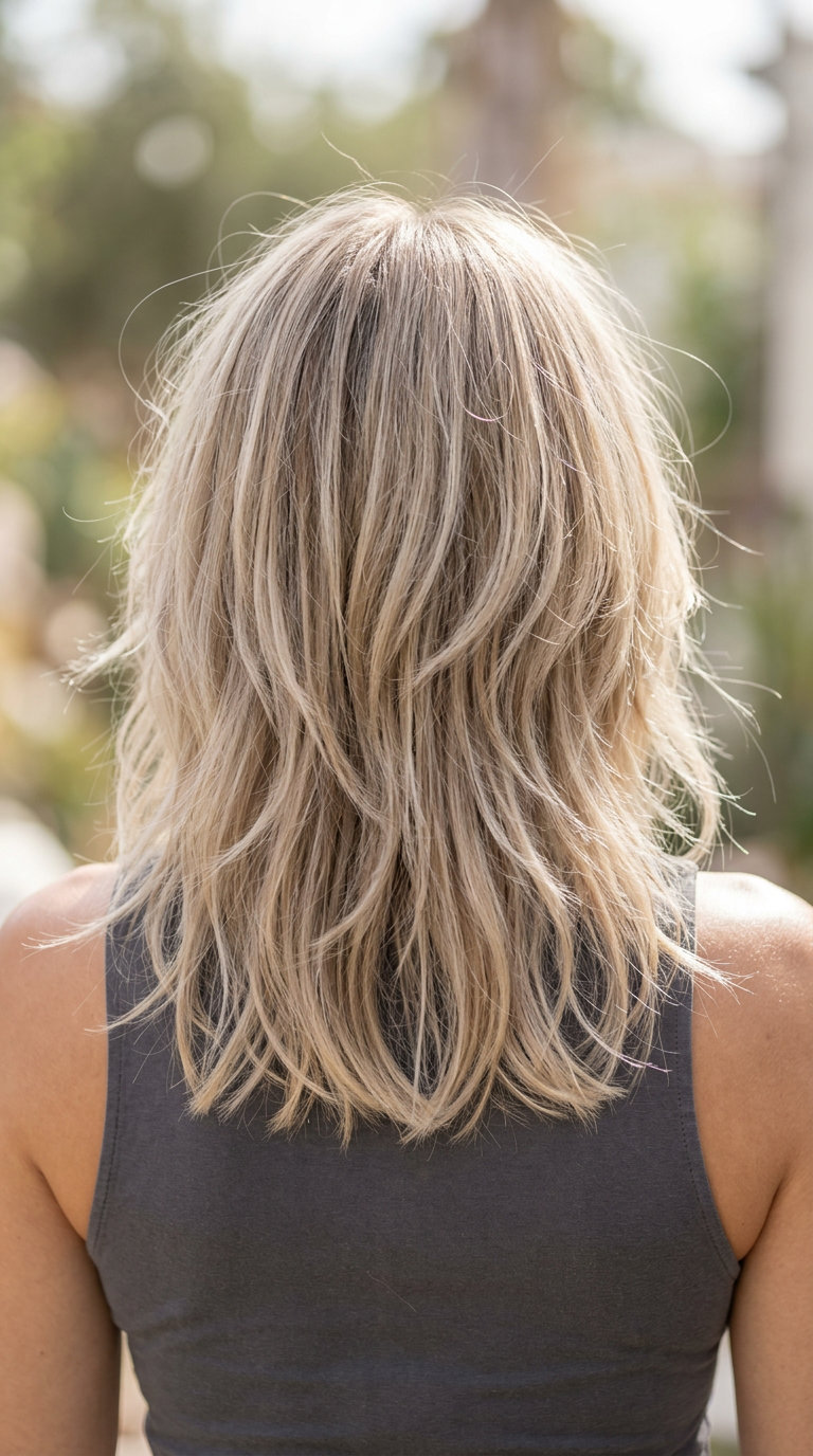 textured shag linen blonde with neutral beige, cool sand, soft root, face-framing layers — effortless bohemian look