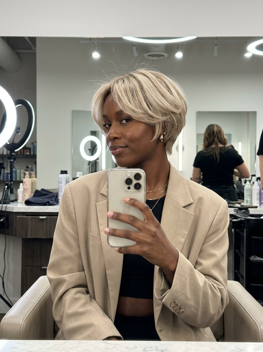Linen Blonde Bixie Haircut 2026: Effortless Chic short layered bixie haircut in linen blonde with babylights and swept-back fringe for effortless chic
