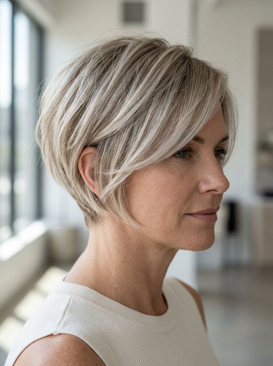 short linen blonde bixie haircut with ash brown root blend, textured layers, subtle face-framing pieces — chic professional look