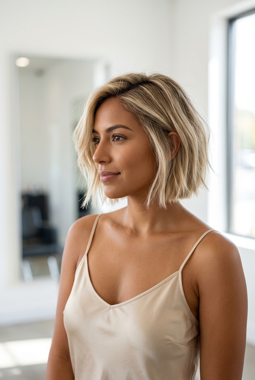 Linen Blonde Blunt Bob 2026 short blunt bob haircut with linen blonde, beige undertones, natural root, softly point-cut ends β effortless casual style