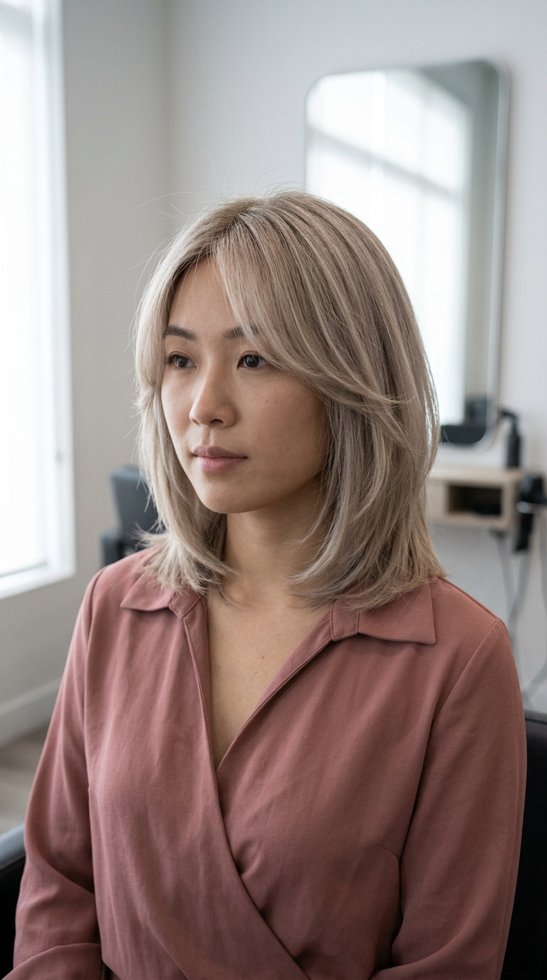Linen Blonde Butterfly Bob 2026 shoulder-length butterfly bob with linen blonde, ash lowlights, feathery layers, curtain fringe β soft effortless chic