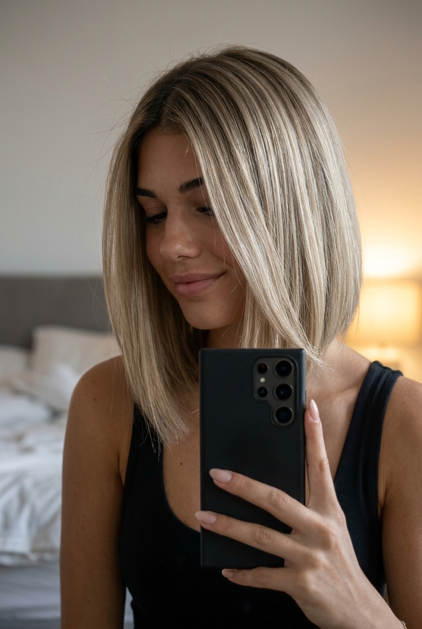 shoulder-length asymmetrical bob in linen blonde with ash-beige gloss for modern chic