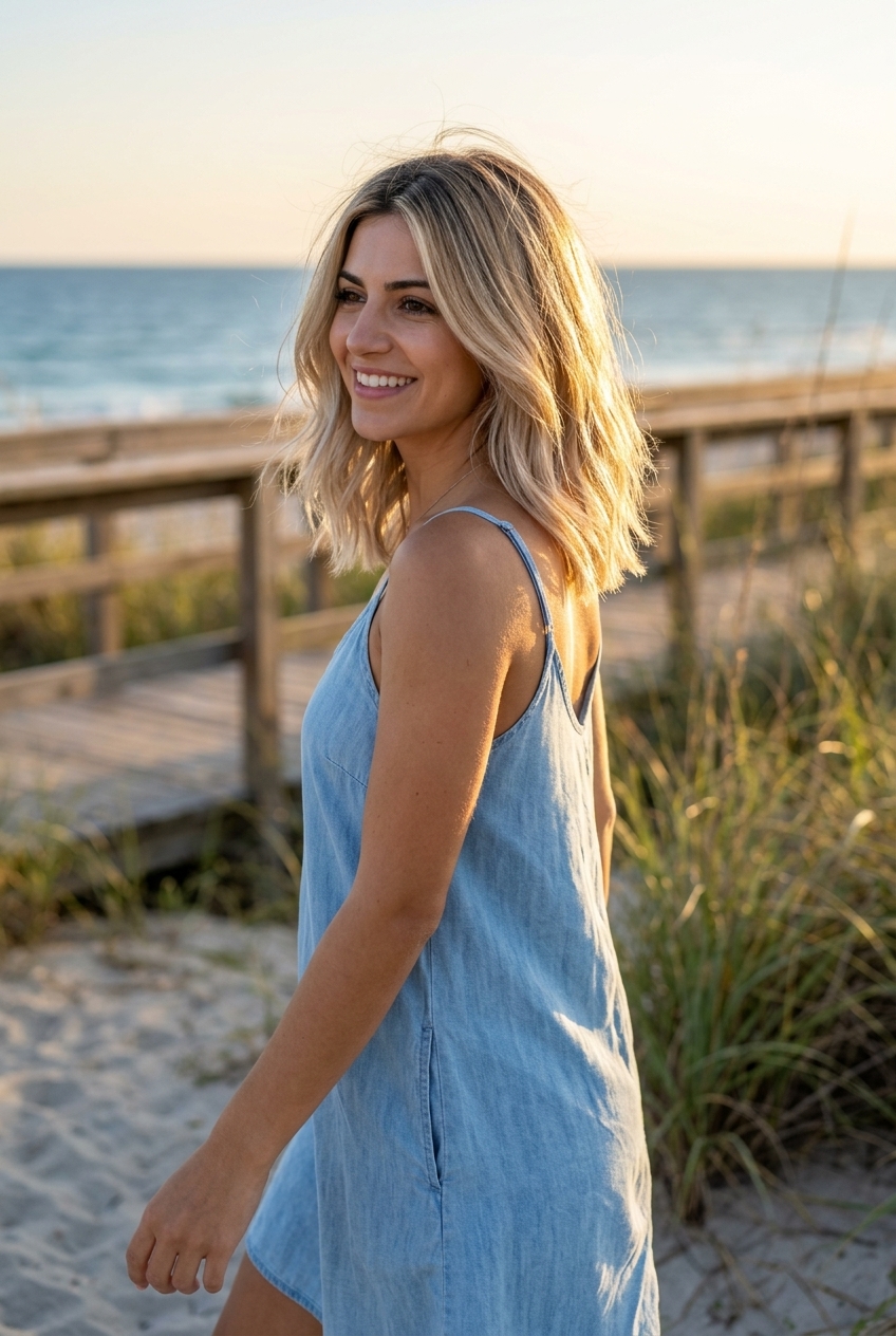 shoulder-length lob haircut in Linen Blonde with ash brown root, pale beige highlights and face-framing layers for summer