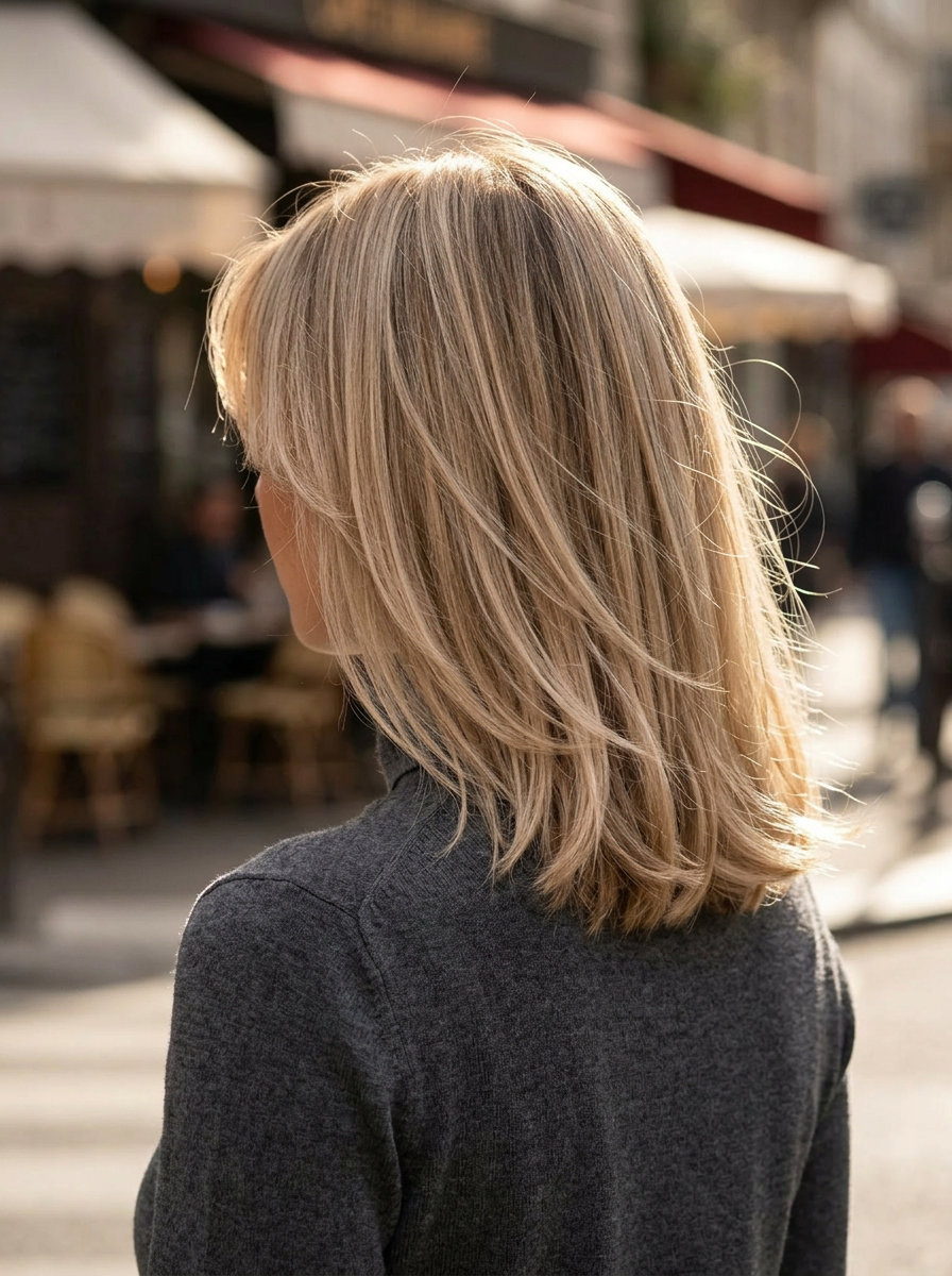 Linen Blonde Lob with Wispy Bangs 2026 shoulder-length lob with linen blonde balayage and wispy bangs for summer