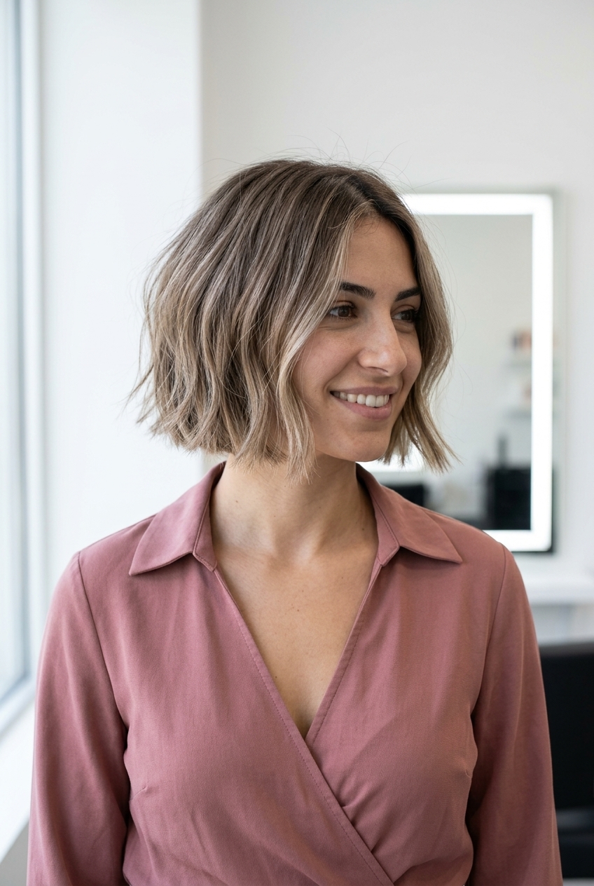 Gorgeous Summer French Bob 2026: Sun-Kissed Linen Frenchie short french bob haircut with neutral linen brunette, beige babylights, and soft internal layers — relaxed natural vibe