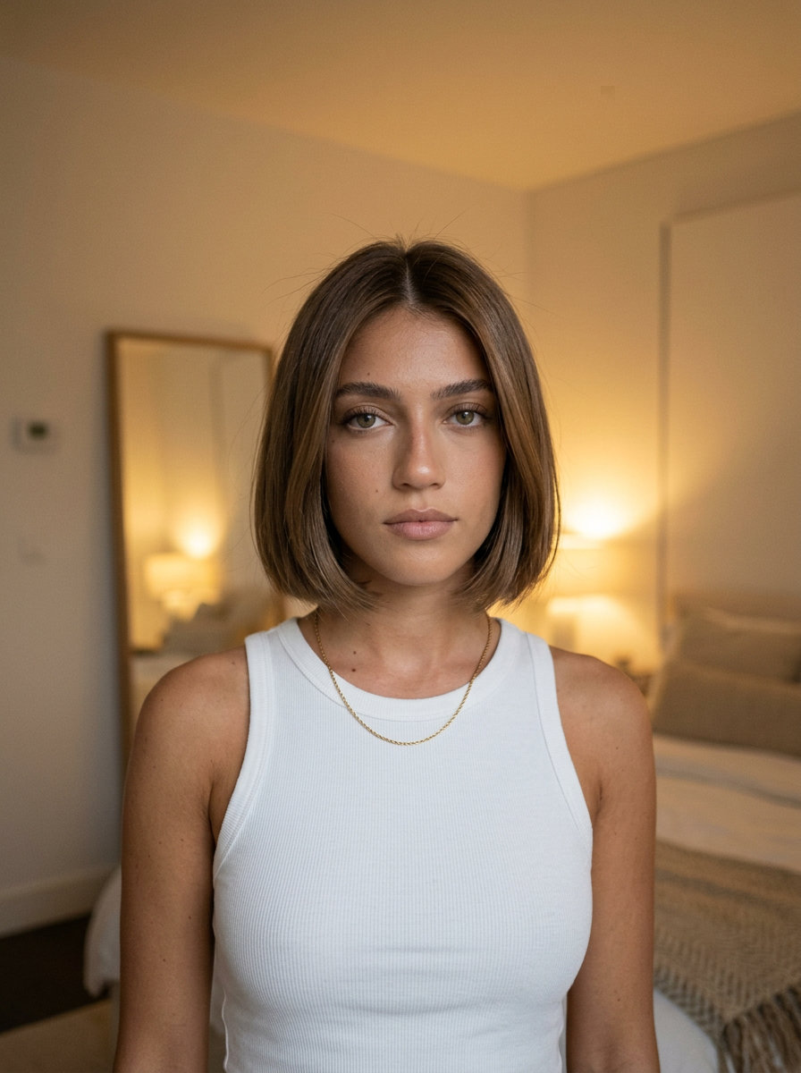 Effortless French Bob 2026: Linen Brunette short french bob haircut with neutral linen brunette, blunt perimeter and invisible layers for effortless chic