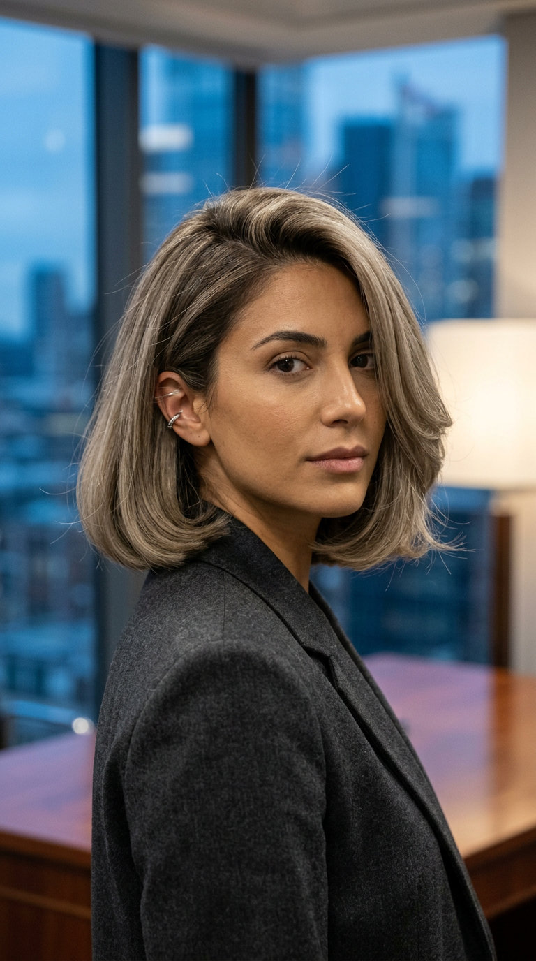 neck-grazing Italian bob haircut in linen greige with blunt ends and side part for professional chic