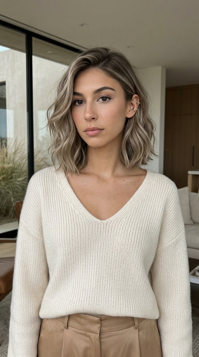 short wavy bob haircut in neutral linen greige with diffused ends and face-framing pieces for effortless refinement