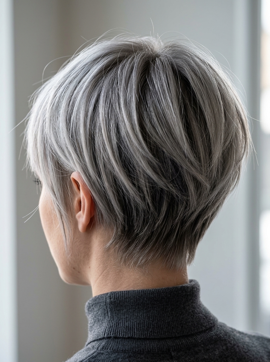 short razor-cut pixie with linen grey, charcoal lowlights, and side-swept fringe for edgy style