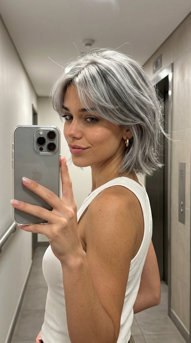 short textured haircut in linen grey with charcoal lowlights, soft fringe — edgy modern