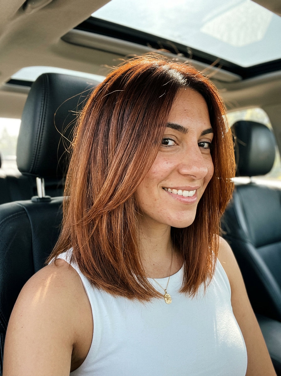 collarbone-length lived-in auburn lob with root melt and soft layers for effortless look