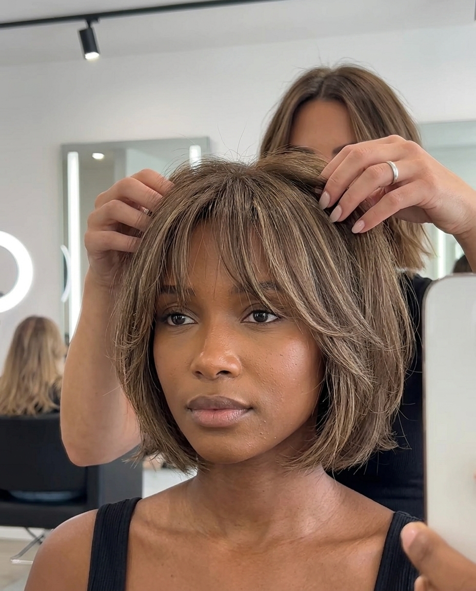 Playful Shaggy French Bob 2026 short shaggy french bob with lived-in brunette and beige babylights, soft bangs for playful mood