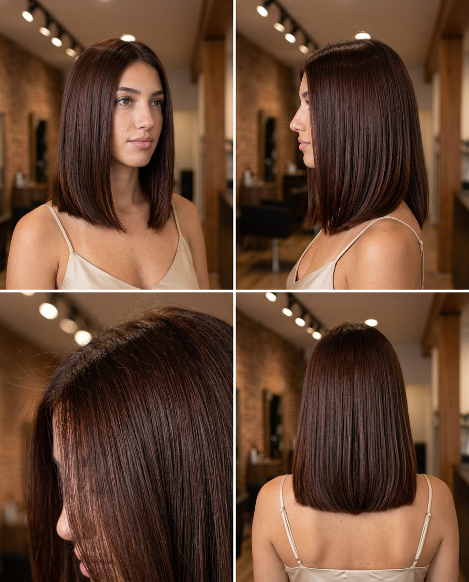 above collarbone glazed mahogany lob with blunt perimeter and minimal layers for sophisticated shine