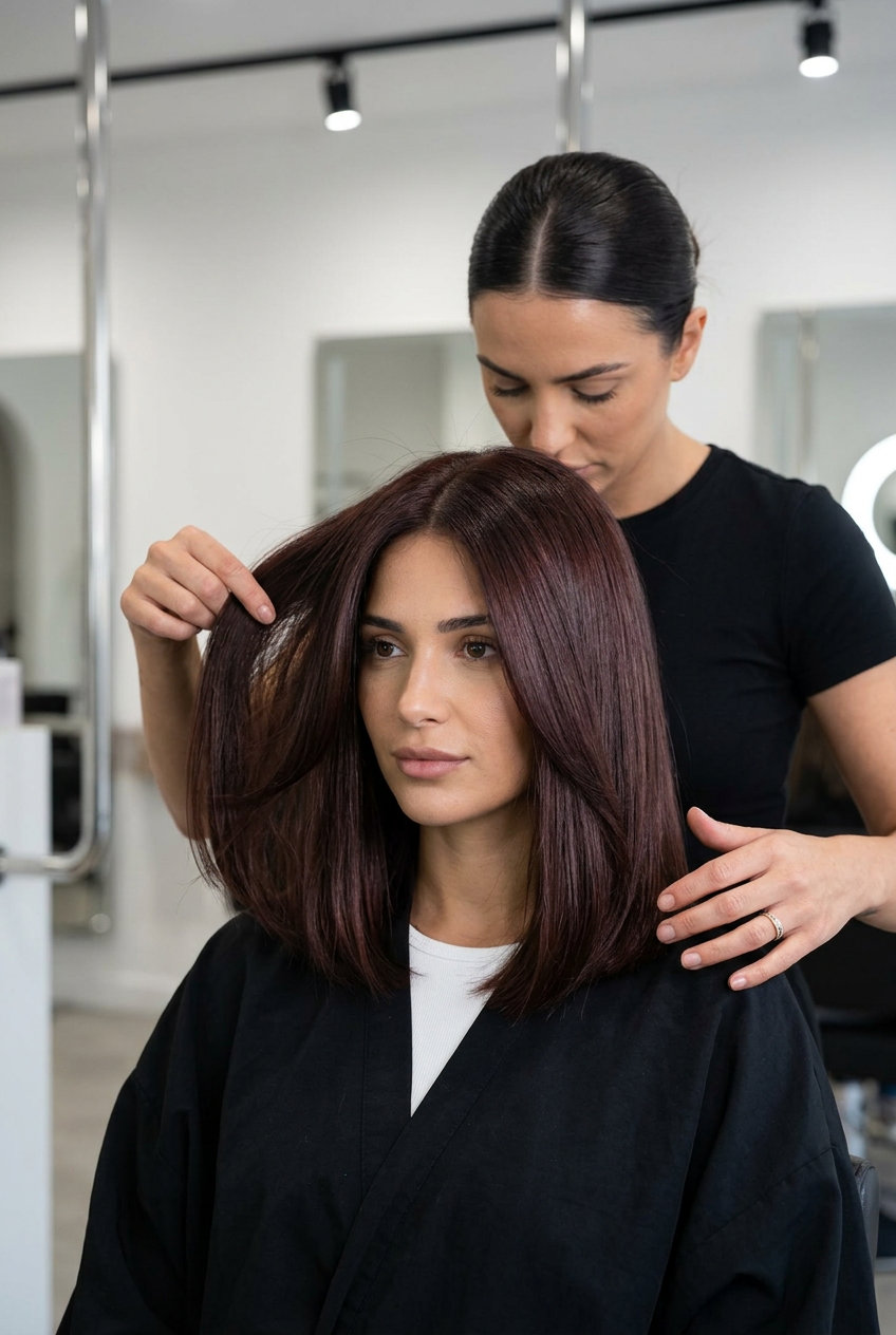 midi mahogany brown solid with deep cool brown and red-violet undertones, high-gloss finish — elegant evening event