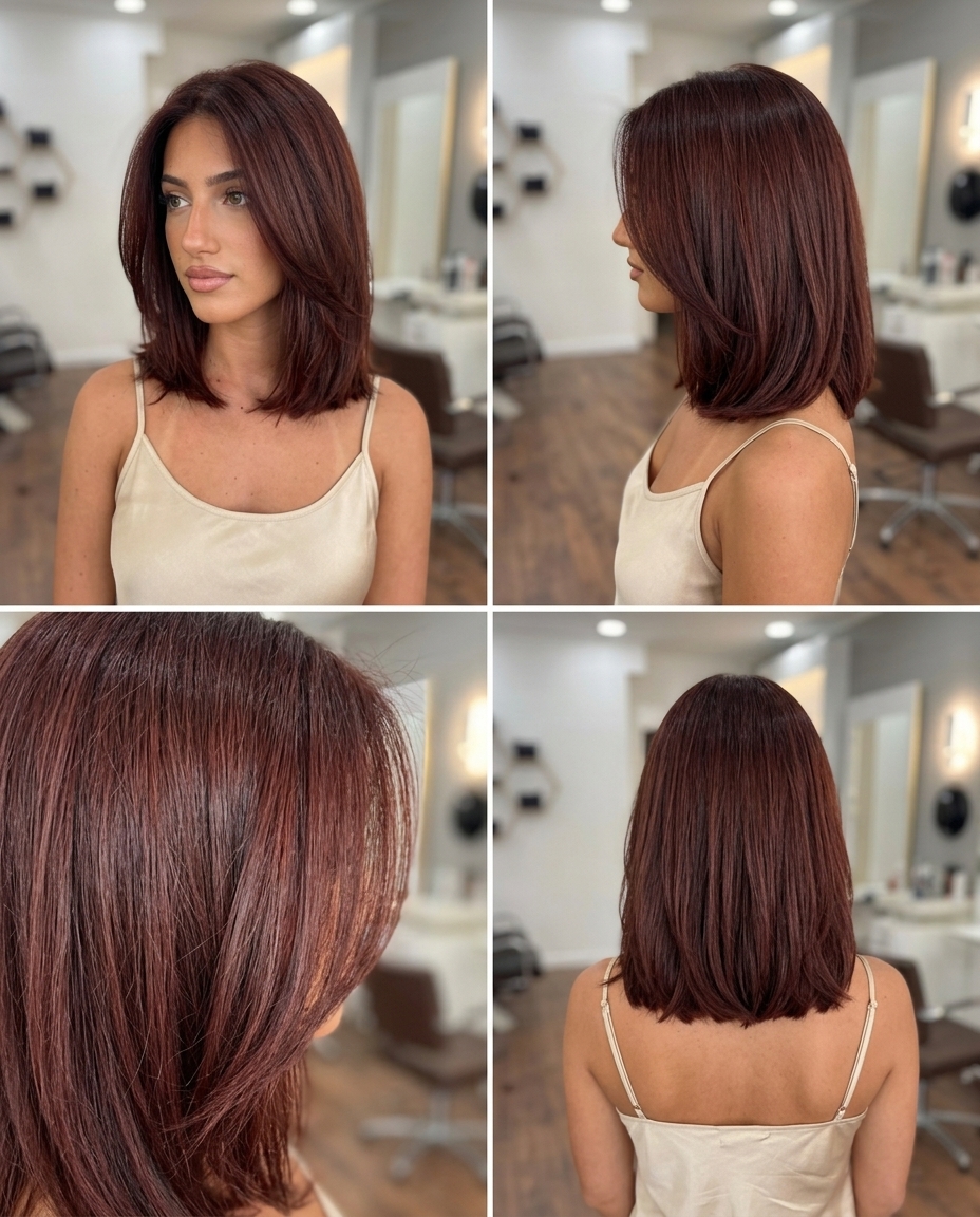 collarbone textured lob with mahogany burgundy color, full head application, no fringe — effortless edgy