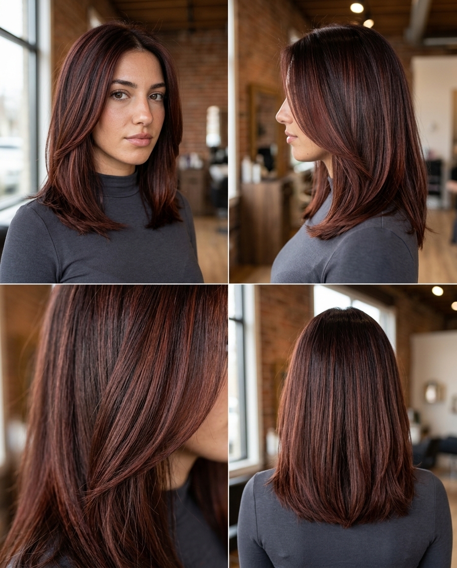 long layered haircut with warm mahogany burgundy foilayage on dark brown base, subtle copper undertones