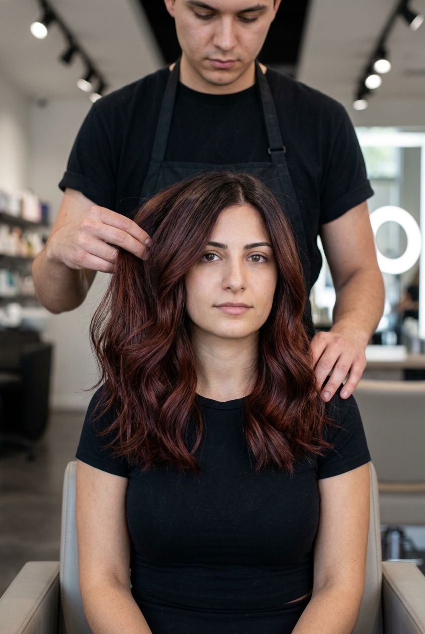 long butterfly layers fade with mahogany burgundy color, root smudge technique, no fringe — earthy modern