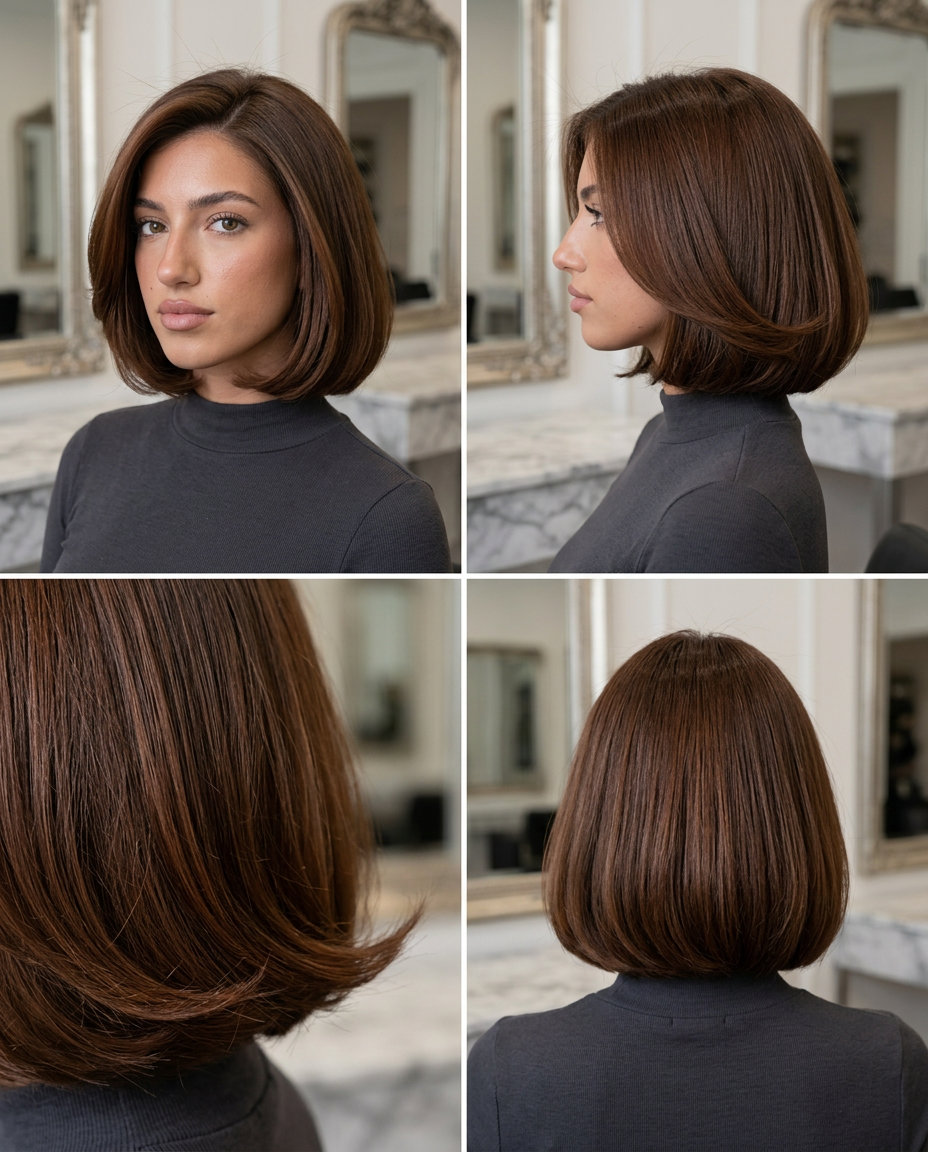 chin-length baroque bob haircut in warm mahogany brunette with sculpted inward curve and deep side part for summer