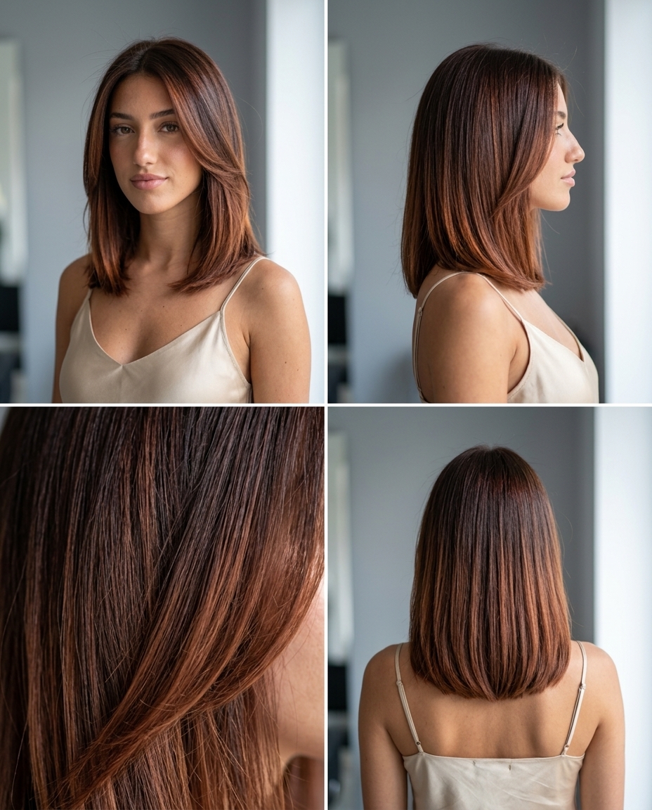 long mahogany copper balayage with burnished bronze, balayage technique for professional events