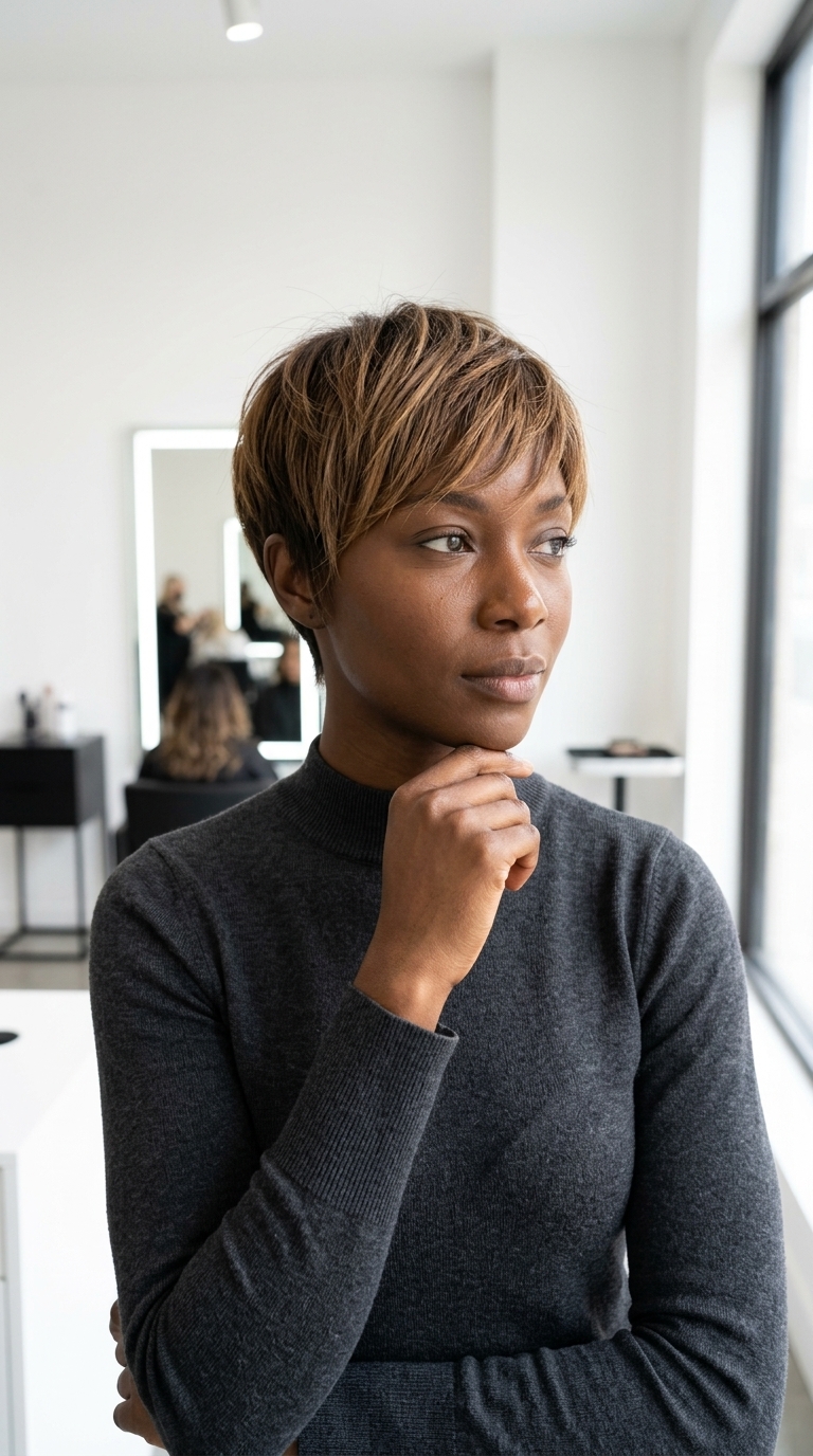 short razored pixie crop with manuka honey brown and golden babylights, tapered nape — edgy daily wear