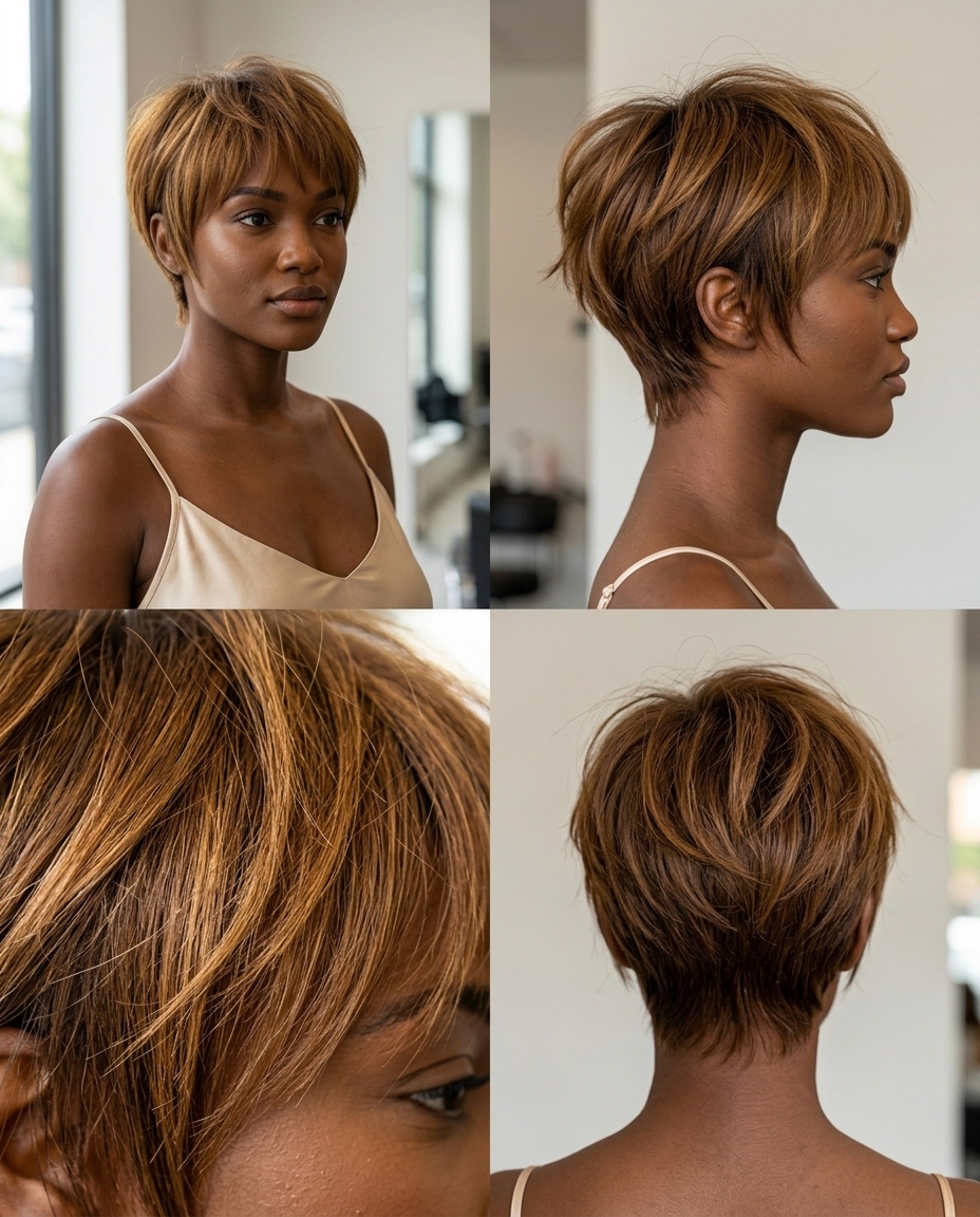 short razored pixie with all-over manuka honey brown, wispy bangs — edgy music festival