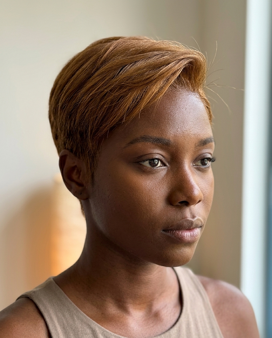 short sculpted manuka honey brown hair with tapered sides and longer top, no bangs — modern minimalist chic