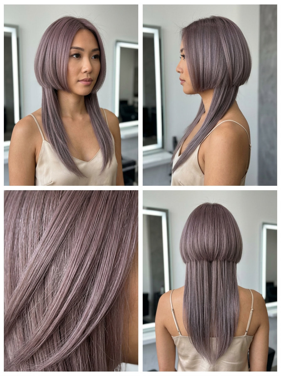 chin-length bob over long layers haircut in muted mauve with purple-grey tones for edgy look