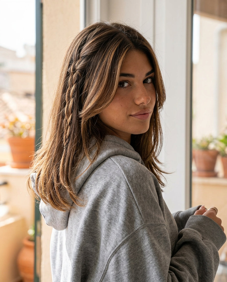 collarbone-length kitty cut haircut in medium brunette with caramel babylights and soft face-framing layers for summer
