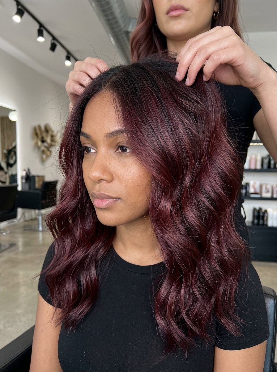 long merlot balayage with violet undertones, hand-painted highlights and dark root for romantic, sophisticated look