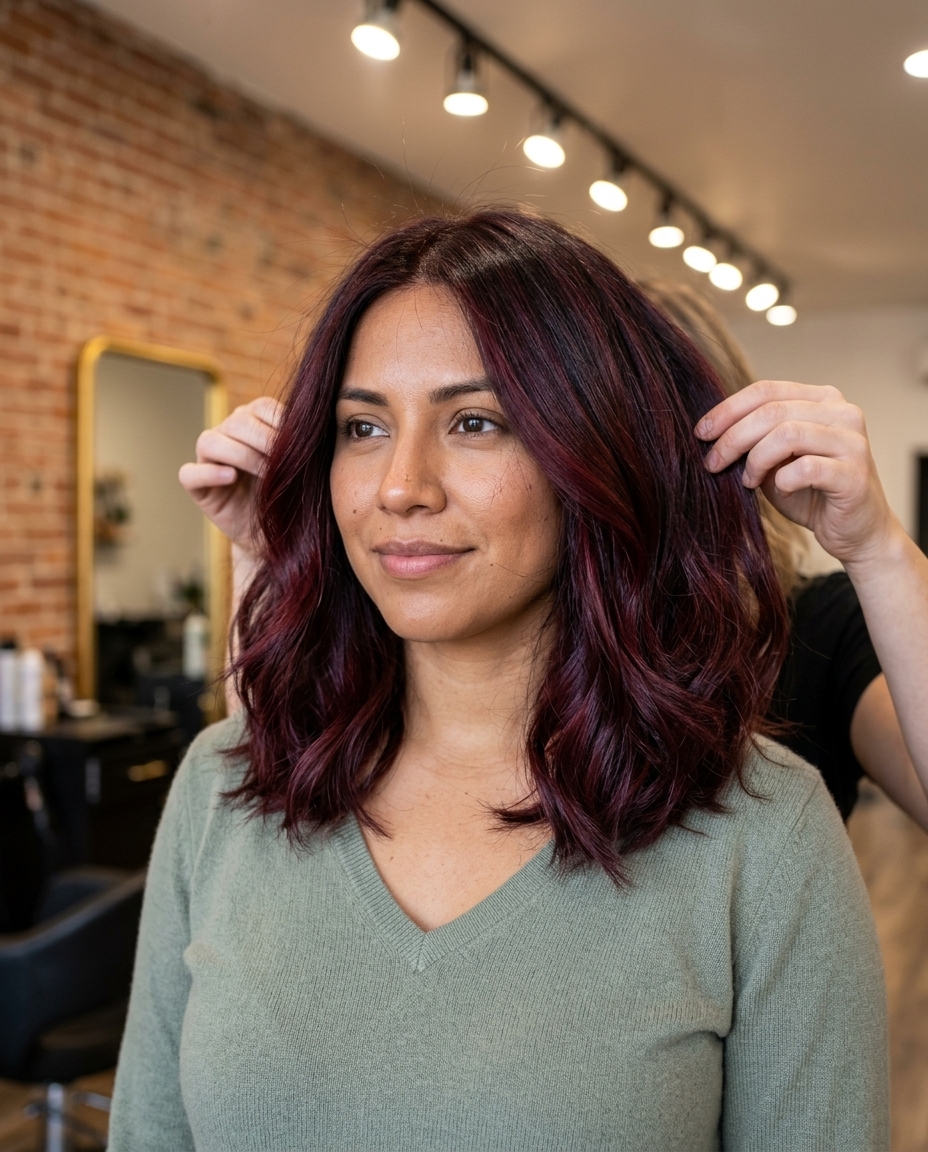 long layered deep merlot balayage on dark chocolate base for festivals