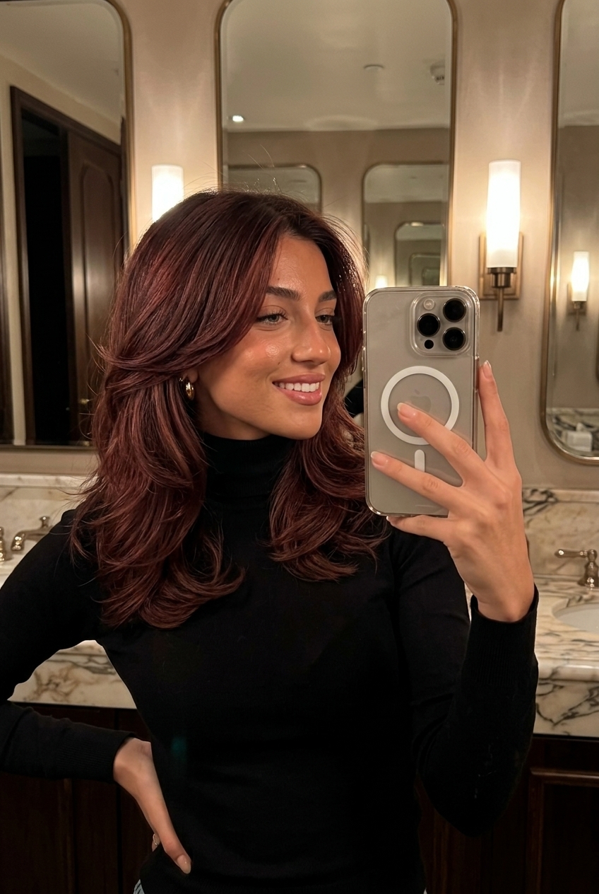long layered haircut with warm merlot balayage on dark brown base, hand-painted technique for summer