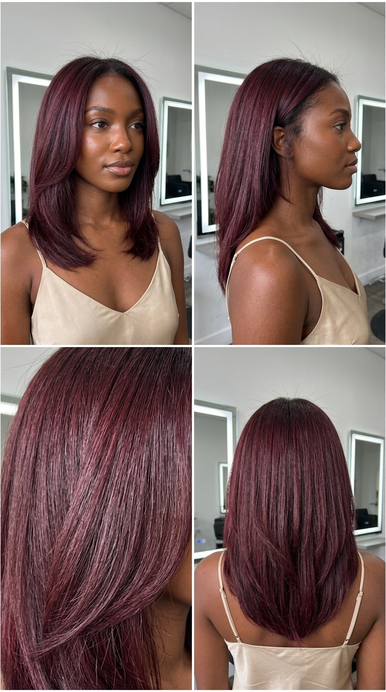 Merlot Red: Romantic Summer Hair Color 2026 long merlot red with violet undertones and dark shadow root for romantic sophistication