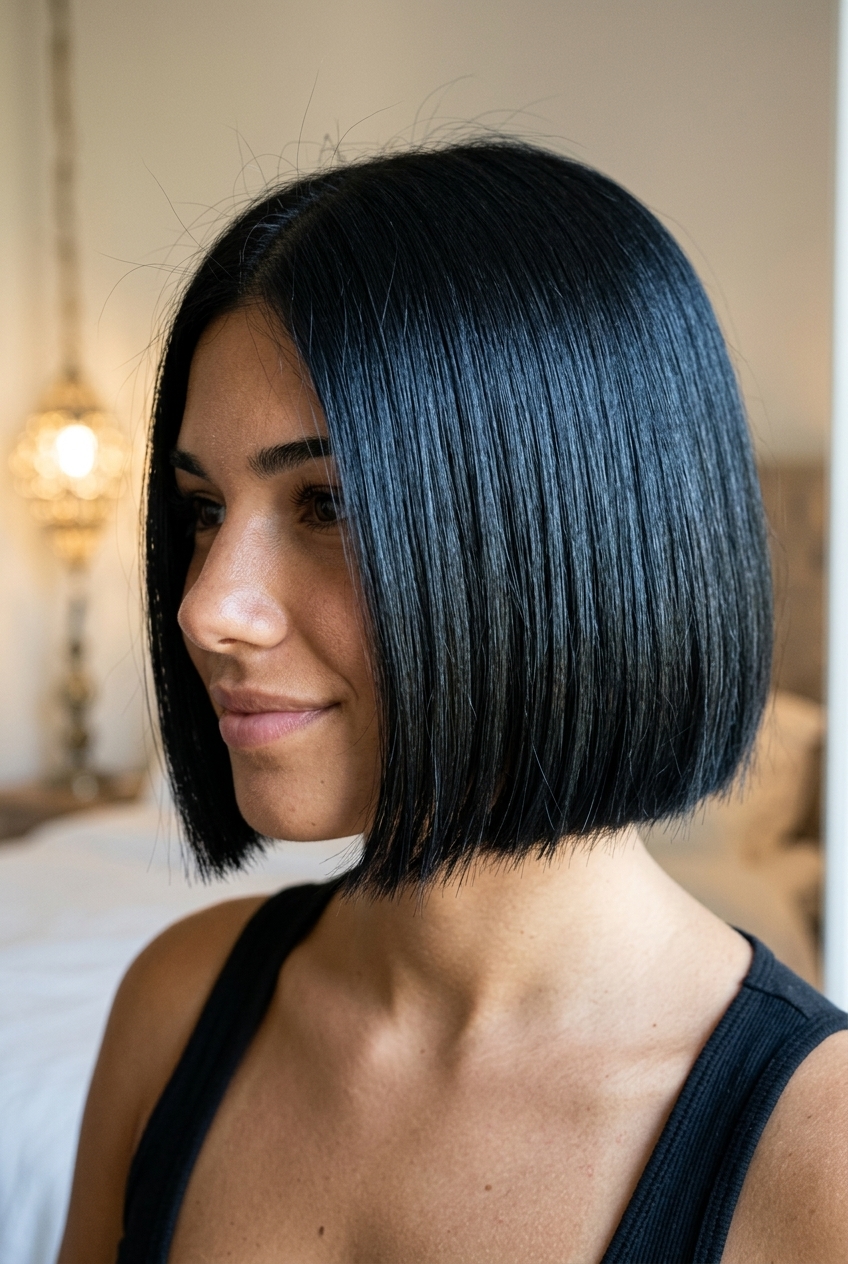 short italian bob haircut in midnight black with blue-black undertones and high gloss for summer 2026