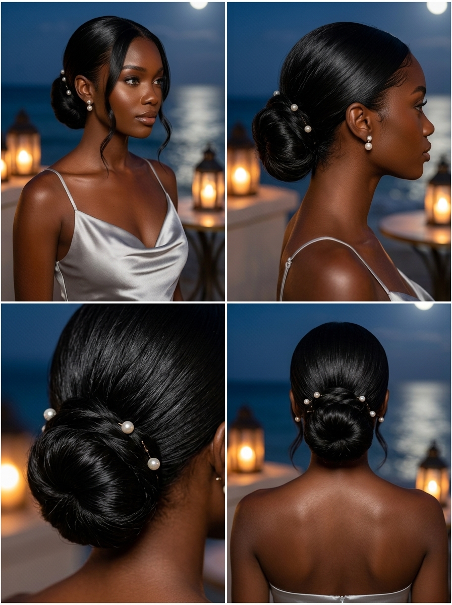 Sleek Low Bun with Pearls: Summer Elegance 2026 long natural hair sleek low bun with midnight blue-black, pearl embellishments for summer
