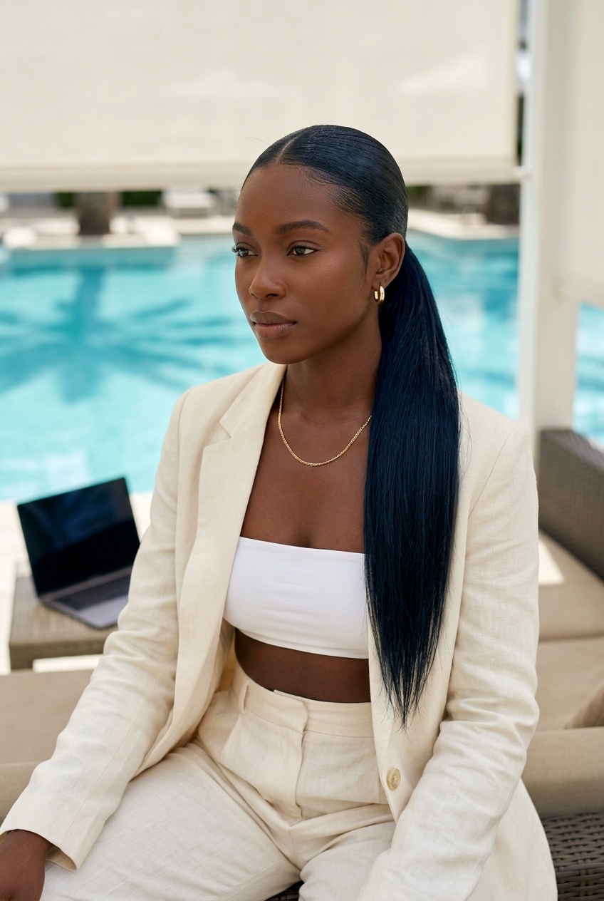Sleek Midnight Blue-Black Ponytail 2026 long midnight blue-black sleek ponytail with high-gloss finish for summer