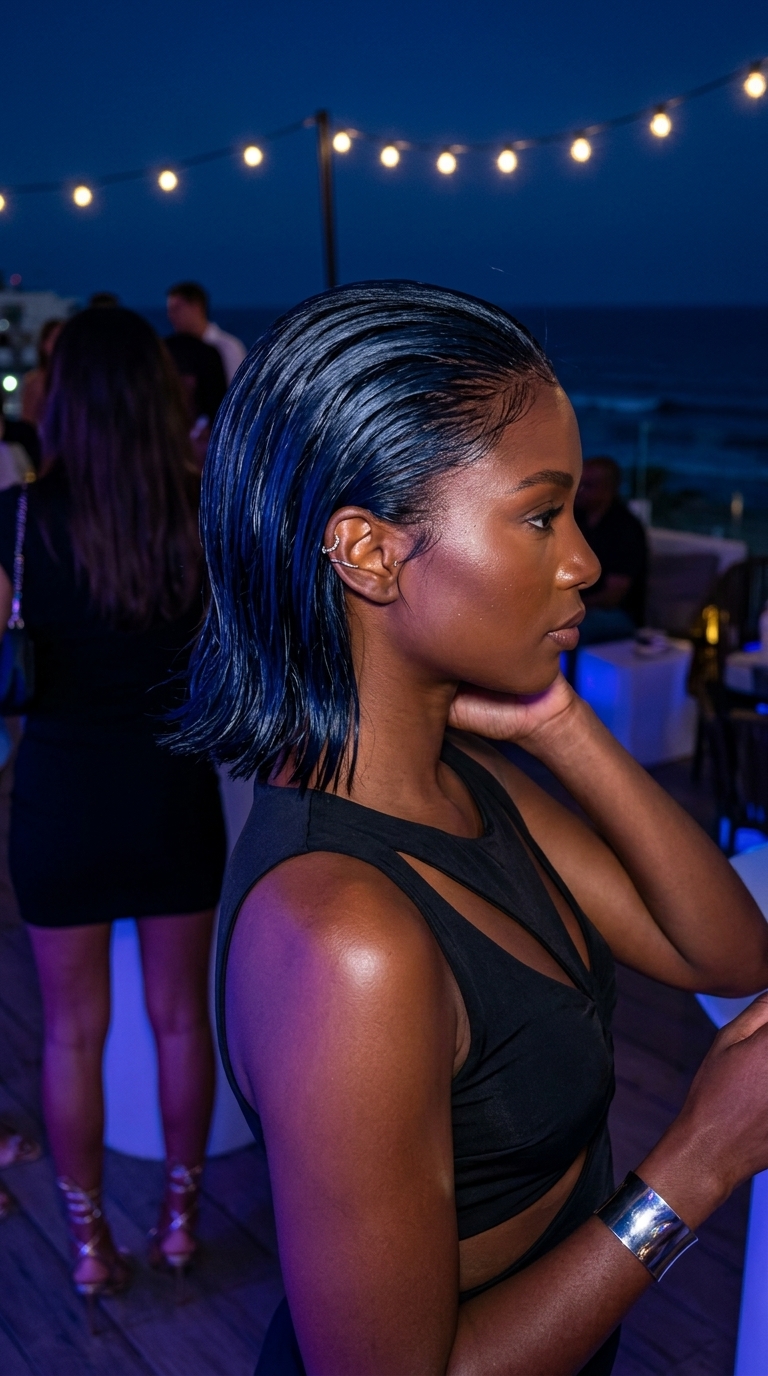 Midnight Glass Wet Look 2026 medium midnight blue-black wet look with high-gloss finish and slicked back style for summer