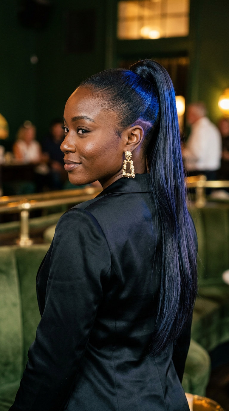 Midnight Siren Cut: Edgy Summer Hairstyle 2026 long one-length haircut with midnight blue-black, hidden undercut, and blunt ends β edgy mystery